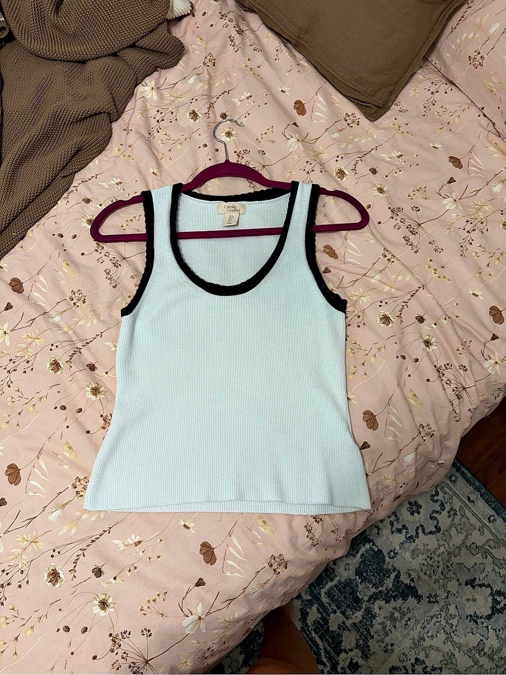 Camila Coelho Ribbed Contrast Trim Tank Top White & Black Size XS Like New